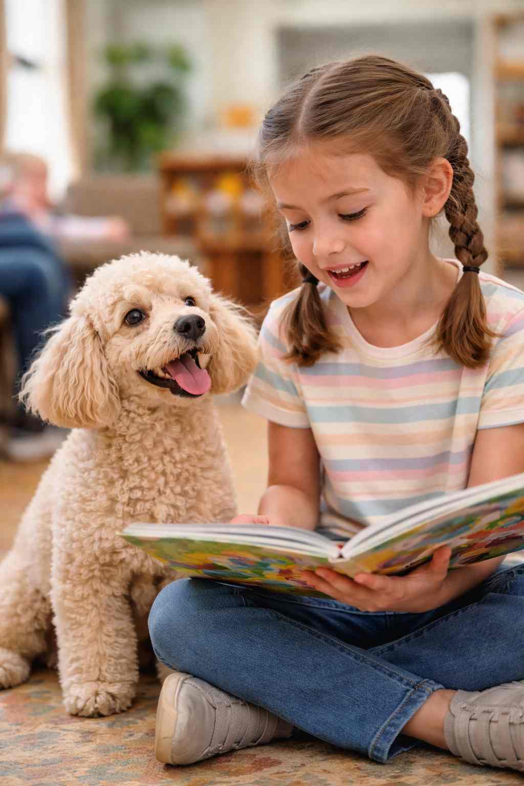 picture of a young girl reading to a dog in a classroom
