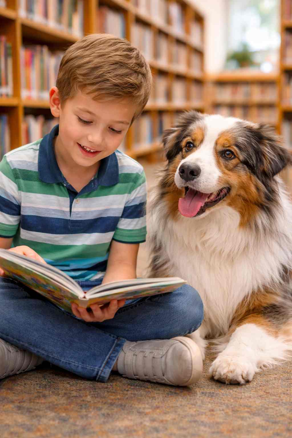 picture of a boy reading to a dog in a library