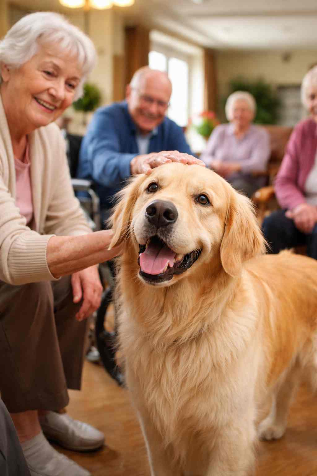golden retrieve dog being patted by an elderly lady in a rest home
